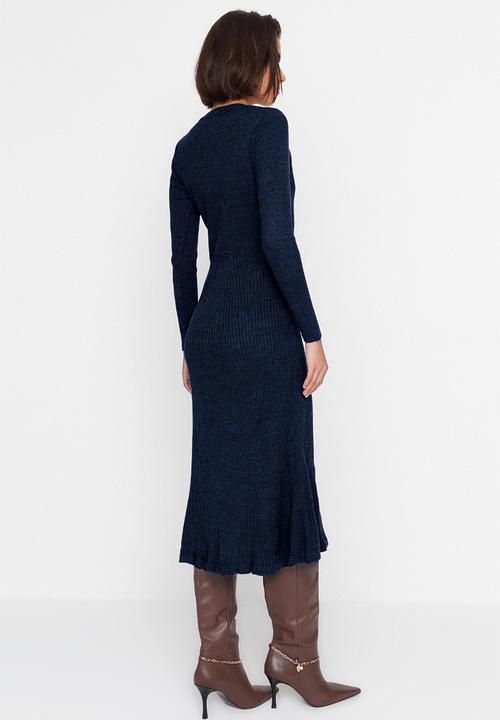Trendyol - Midi Knit Dress - Navy Blue