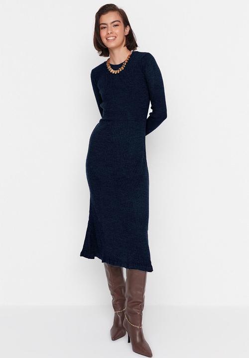 Trendyol - Midi Knit Dress - Navy Blue