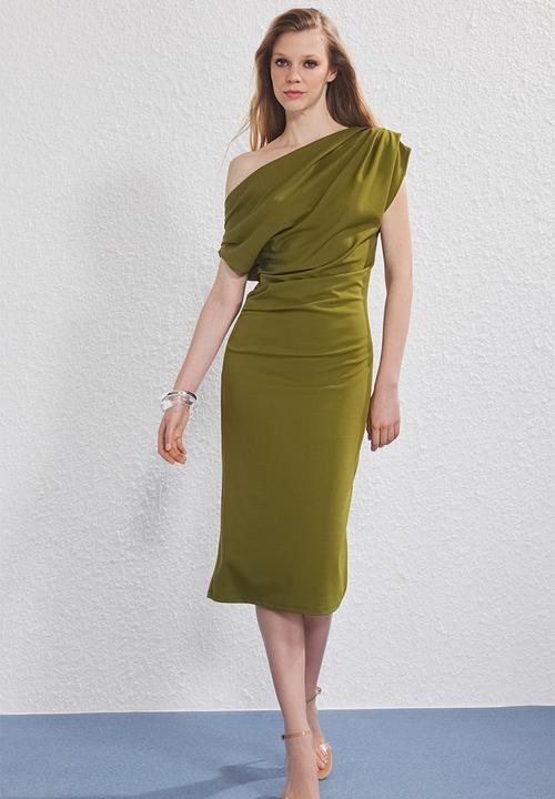 Trendyol - Midi Straight Cut Knit Dress - Oil Green