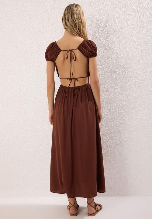 Trendyol - Midi Cap Sleeve  Woven Dress - Brown
