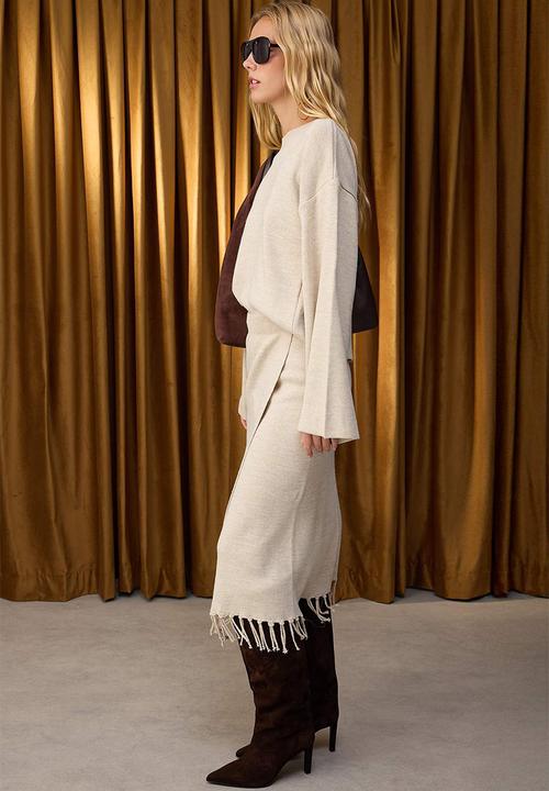 Trendyol - Skirt Tip Tassel Knitwear Bottom-Top Set - Stone