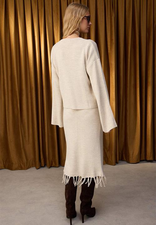 Trendyol - Skirt Tip Tassel Knitwear Bottom-Top Set - Stone