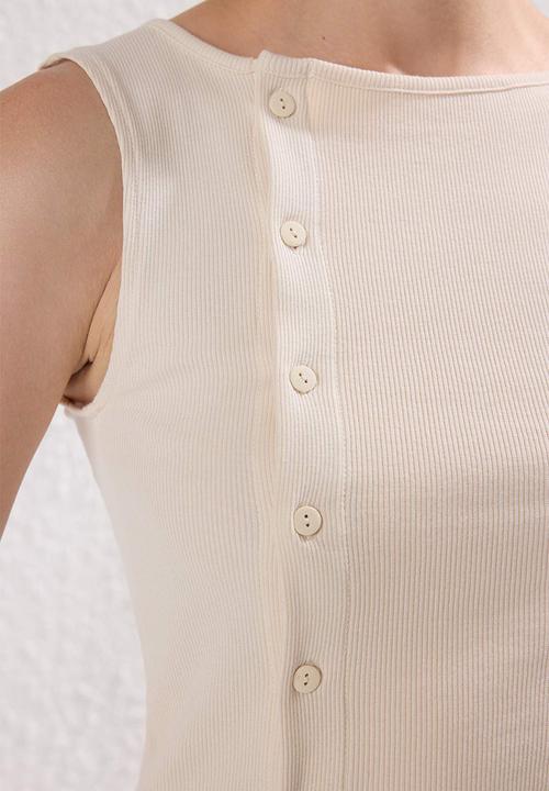 Trendyol - Button Asymmetrical Fitted/Slim Fit Ribbed Stretch Knit Blouse - Stone