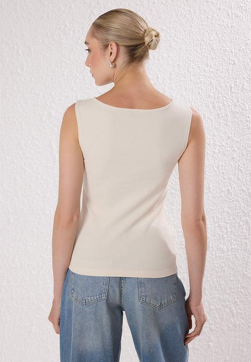 Trendyol - Button Asymmetrical Fitted/Slim Fit Ribbed Stretch Knit Blouse - Stone