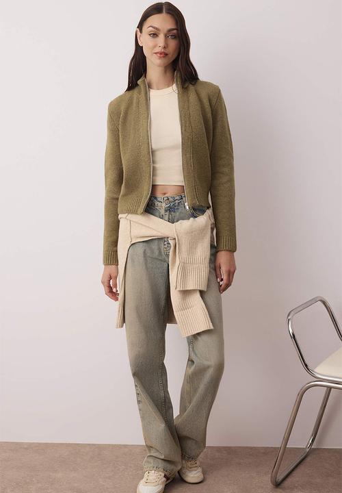 Trendyol - Zippe Stand Collar Soft Textured Knitwear Cardigan - Green