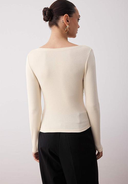 Trendyol - Fitted/Slim Fit Asymmetrical Neckline Detail Knitted Blouse - Stone
