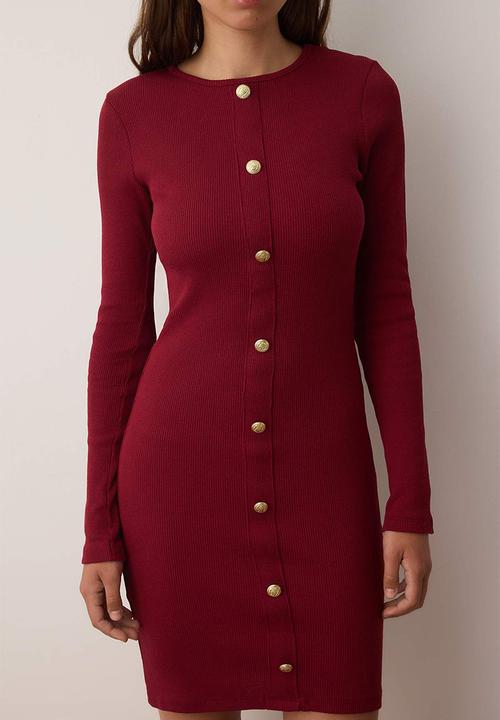 Trendyol - Mini Bodycon Knit Mock Btn Dress - Burg