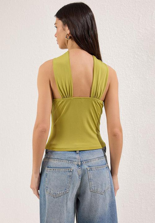 Trendyol - Accessory Detailed Gathered Stretchy Knitted Blouse - Oil Green