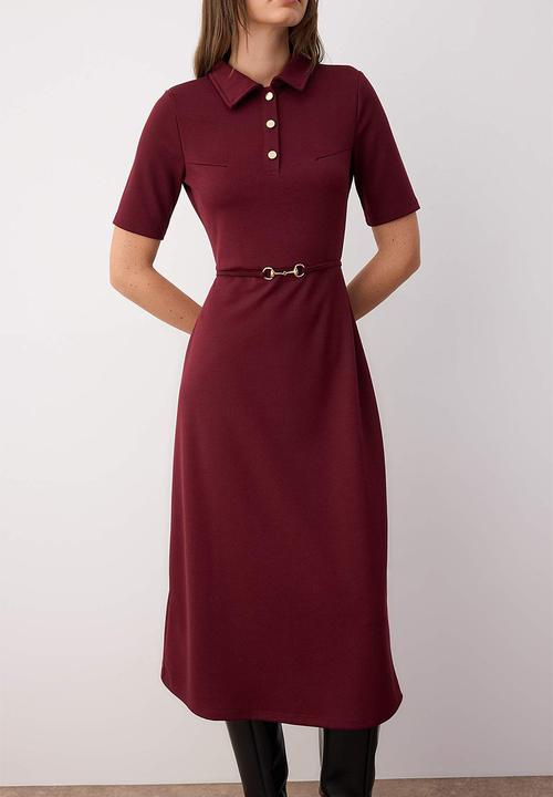 Trendyol - Midi Aline Knit Short Sleeve Dress - Burgundy