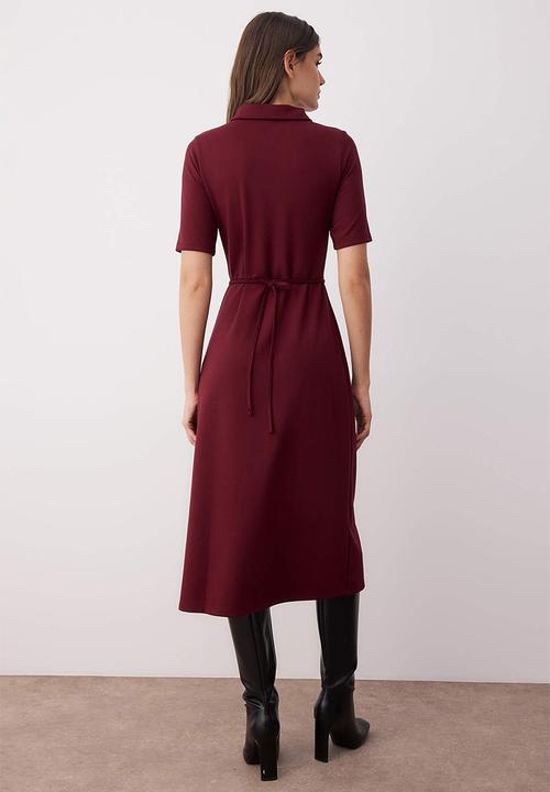 Trendyol - Midi Aline Knit Short Sleeve Dress - Burgundy