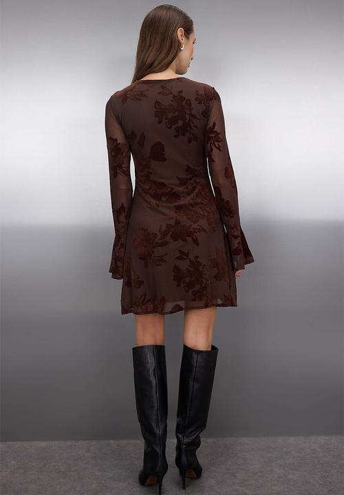 Trendyol - Mini Aline Knit Round Neck Dress - Brown