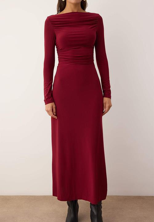 Trendyol - Midi Pencil Knit Dress - Burgundy