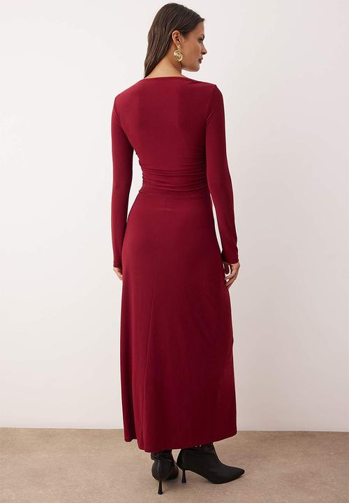 Trendyol - Midi Pencil Knit Dress - Burgundy