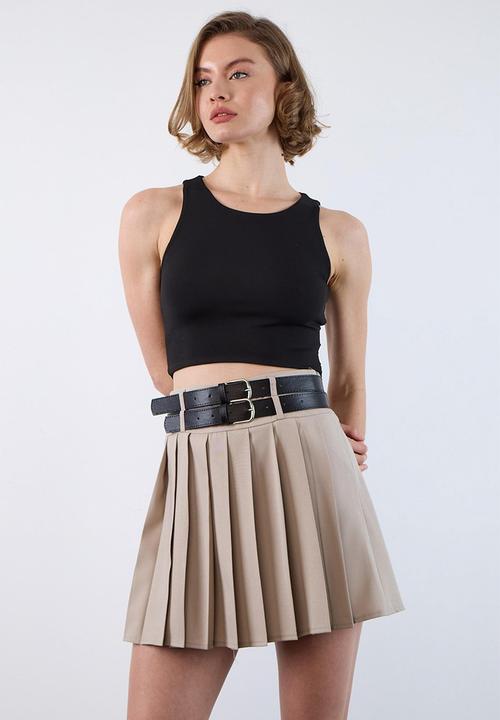 Trendyol - Double Belted Pleated Mini Woven Skirt - Stone