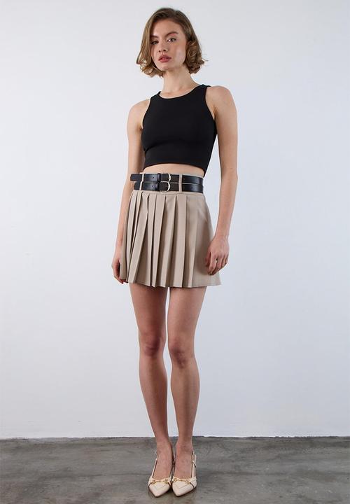 Trendyol - Double Belted Pleated Mini Woven Skirt - Stone