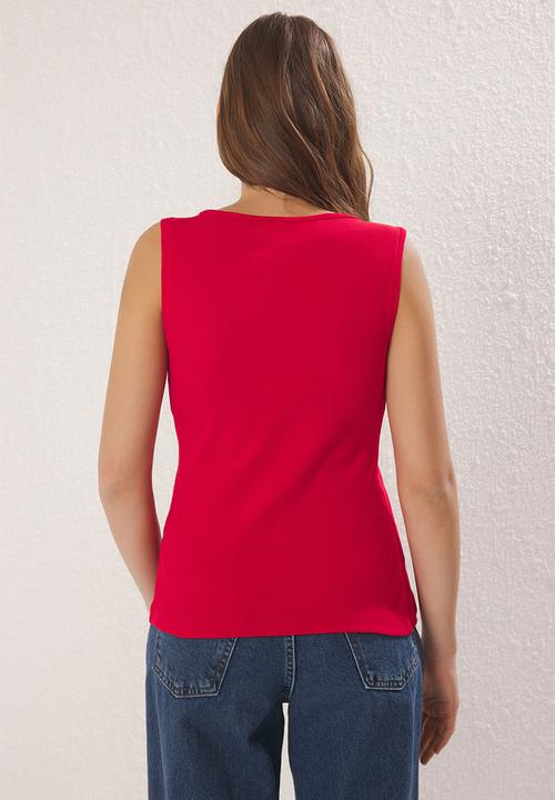 Trendyol - Button Asymmetrical Fitted/Slim Fit Ribbed Stretch Knit Blouse - Red
