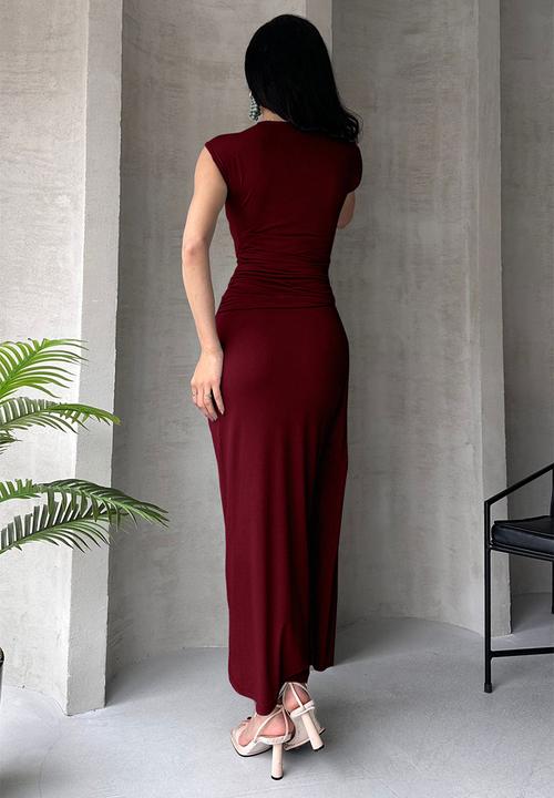 Trendyol - Maxi Woven Wrap Dress - Burgundy