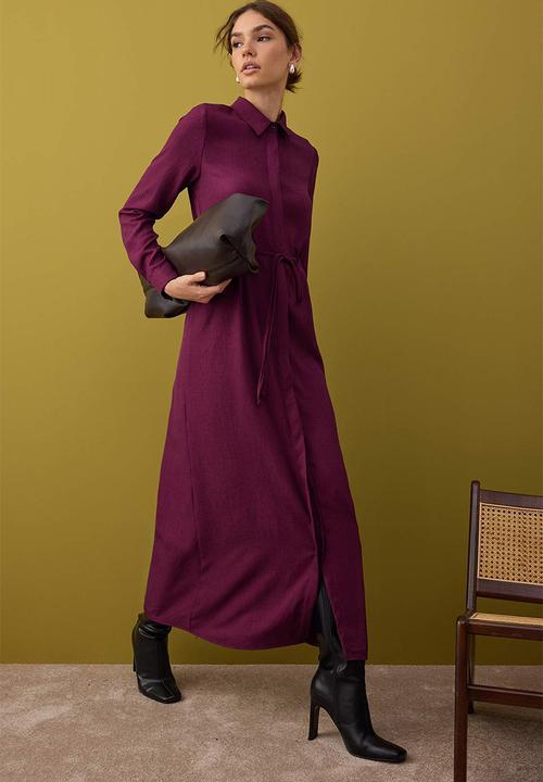 Trendyol - Midi Woven Shirt Dress - Burgundy