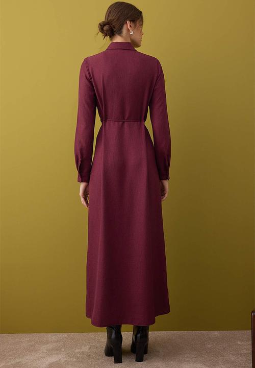 Trendyol - Midi Woven Shirt Dress - Burgundy