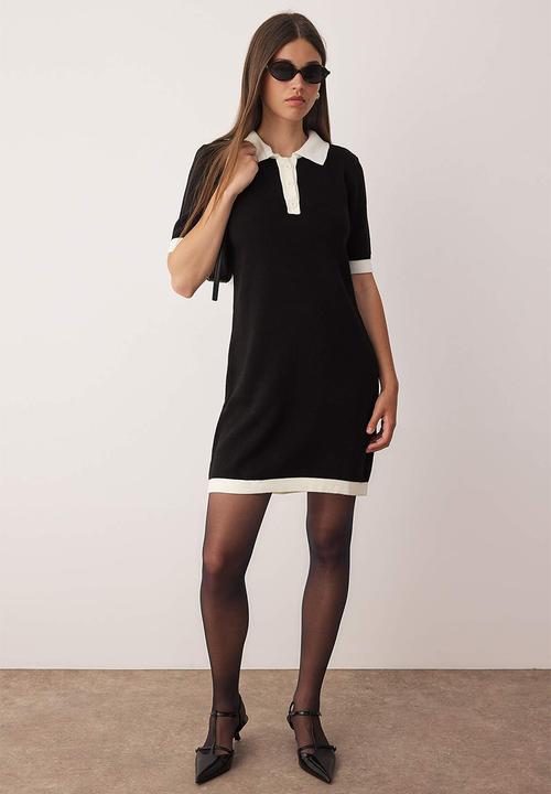 Trendyol - Mini Straight Knitwear Contrast Collar Dress - Black