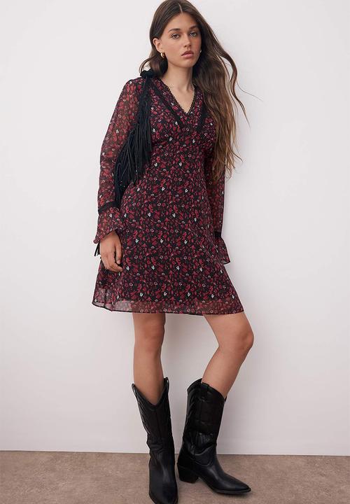 Trendyol - Mini Aline Woven Vee Dress - Floral Burg