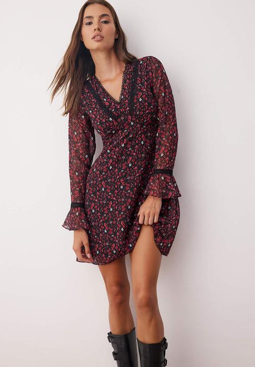 Trendyol - Mini Aline Woven Vee Dress - Floral Burg