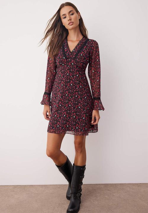 Trendyol - Mini Aline Woven Vee Dress - Floral Burg