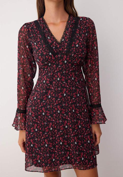 Trendyol - Mini Aline Woven Vee Dress - Floral Burg