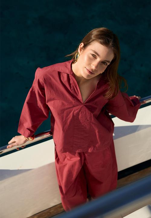 Trendyol - Premium Fabric Woven Blouse Pants Bottom Top Set - Bordeaux