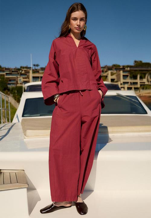 Trendyol - Premium Fabric Woven Blouse Pants Bottom Top Set - Bordeaux