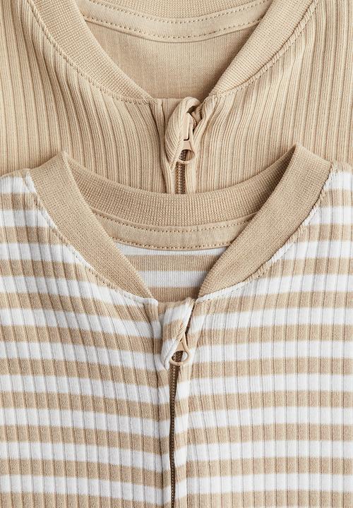 H&M - 2-Pack cotton sleepsuits - light beige & white striped