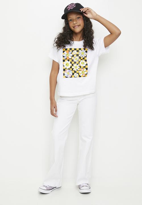 Pop Candy - Retro floral all-over print tee - white/yellow checkerboard