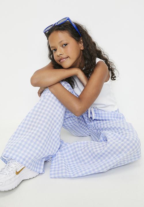 Pop Candy - Wide waistband pants with slanted inset pockets - blue gingham