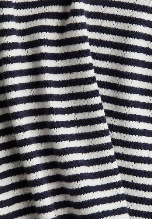 H&M - Short-sleeved pointelle jersey top - navy blue/striped 