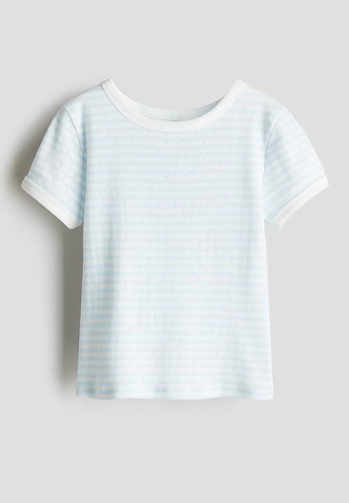 H&M - Short-sleeved pointelle jersey top -light blue/striped 