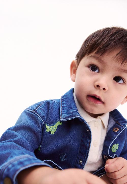 H&M - Embroidery-detail denim shacket - denim blue/dinosaurs