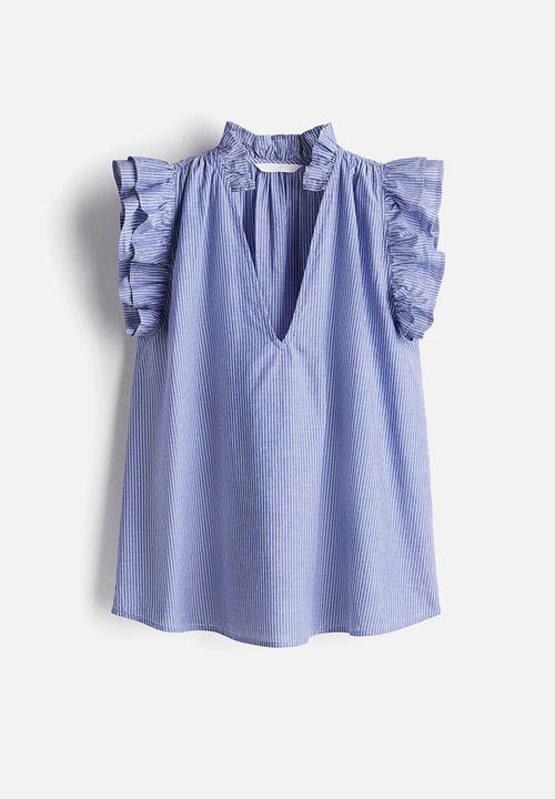 H&M - Frill-trimmed blouse - blue/striped