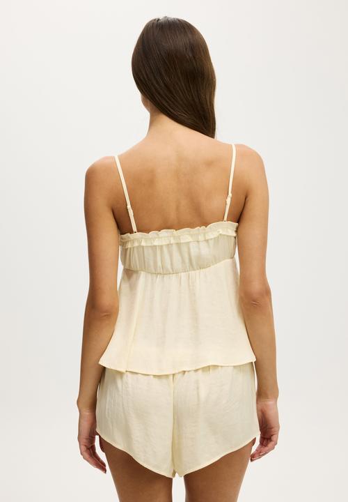 Cotton On - Washed Satin Ruffle Cami Set - Lemon Icing