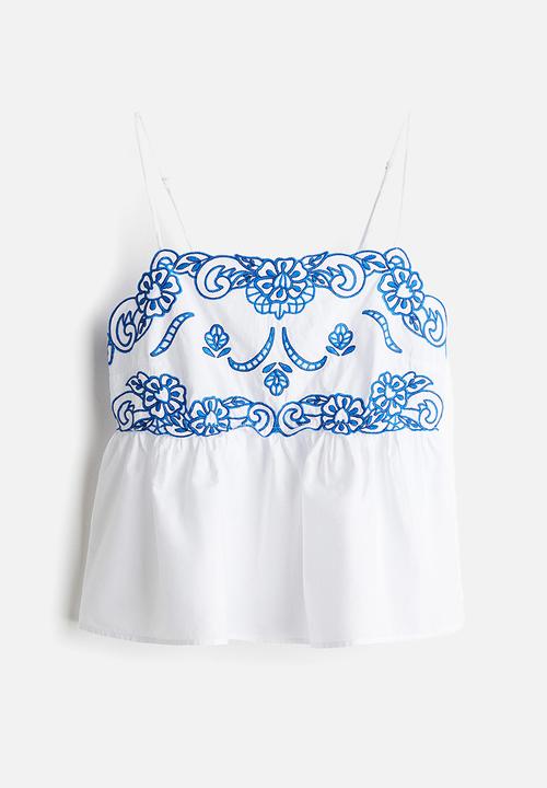 H&M - Embroidered strappy top - white/blue patterned