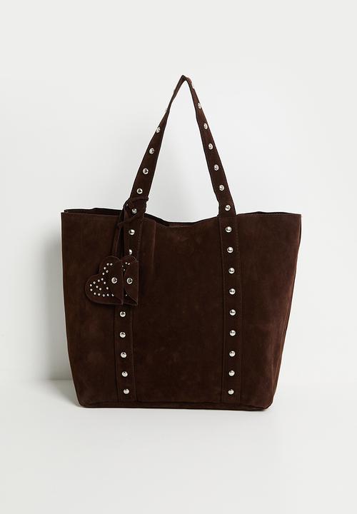 Tessa Design - June soft tote bag with stud detail and heart bag charm- brown