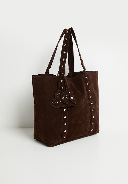Tessa Design - June soft tote bag with stud detail and heart bag charm- brown