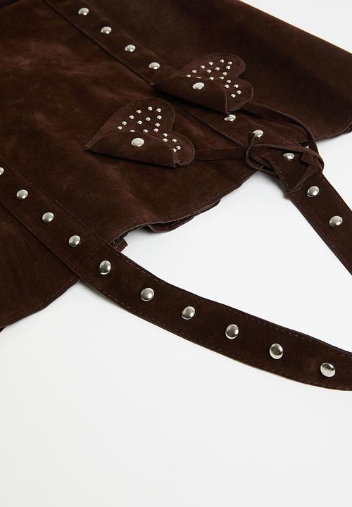 Tessa Design - June soft tote bag with stud detail and heart bag charm- brown