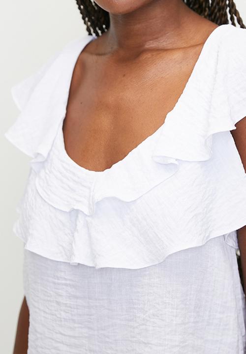 MILLA - Double frill linen top -  white