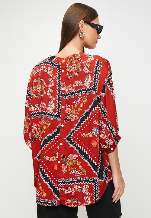 MANDI - Easy Wearing Batwing 1/2 Sleeve Blouse - Multi Red