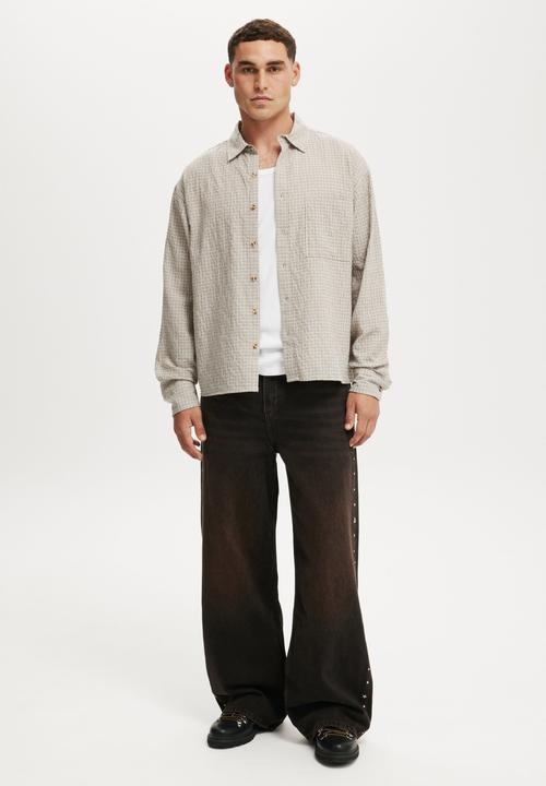 Cotton On - Hudson Long Sleeve Shirt - Stone Micro Check