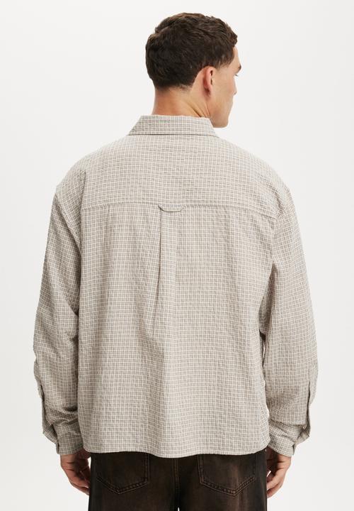 Cotton On - Hudson Long Sleeve Shirt - Stone Micro Check