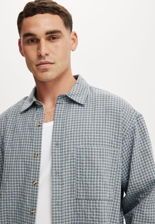 Cotton On - Hudson Long Sleeve Shirt - Blue Micro Check