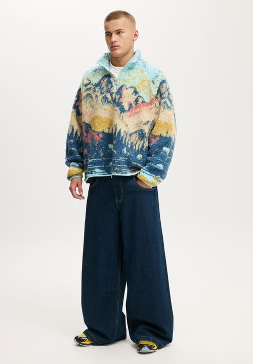 Quarter Zip Teddy Fleece - Blue Multi Mountains