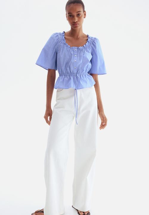 H&M - Frill-trimmed cotton blouse - light blue striped