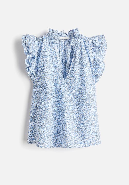 H&M - Frill-trimmed blouse - white & light blue floral